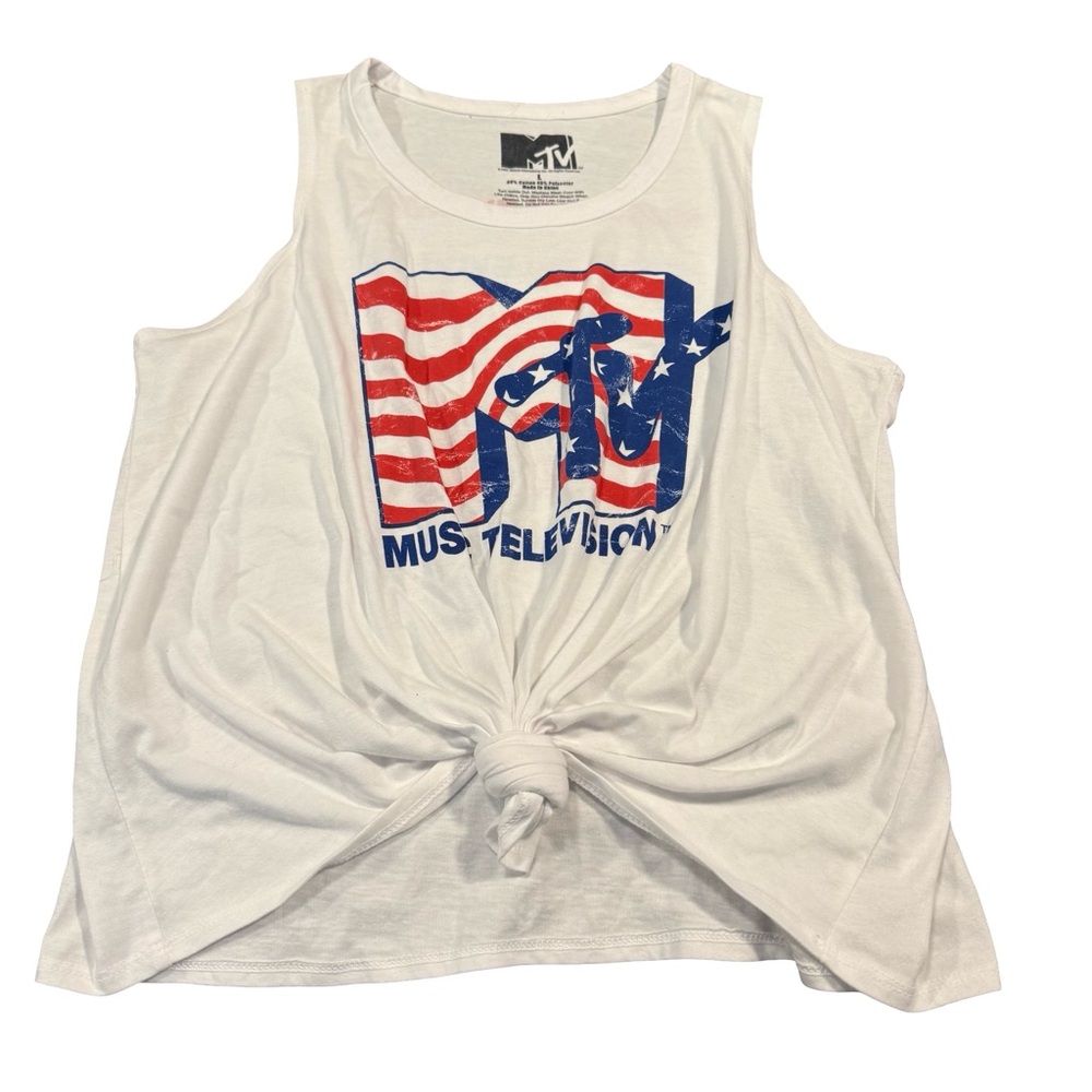 MTV White Tank Top with Red and Blue American Flag Logo